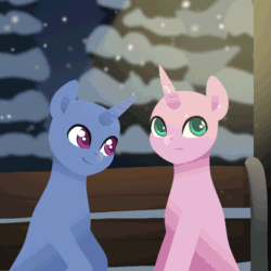 Size: 640x640 | Tagged: safe, artist:rumista, imported from derpibooru, oc, pony, animated, cheek kiss, clothes, commission, duo, kissing, scarf, snow, snowfall, your character here