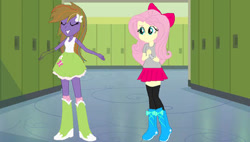 Size: 439x250 | Tagged: safe, imported from derpibooru, fluttershy, human, equestria girls, boots, clothes, clothes swap, miniskirt, shirt, shoes, skirt, socks, solo, thigh highs, thigh socks