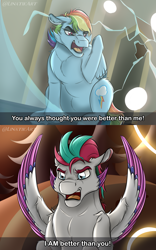 Size: 2760x4410 | Tagged: safe, artist:linatikart, imported from derpibooru, rainbow dash, zipp storm, pegasus, pony, colored wings, duo, duo female, eyebrows, female, folded wings, frown, g5, high res, mare, multicolored wings, open mouth, spread wings, the owl house, wings