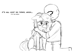 Size: 3508x2480 | Tagged: artist needed, safe, imported from derpibooru, oc, oc only, oc:anon, oc:floor bored, earth pony, human, pony, /mlp/, clothes, crying, dialogue, female, holding a pony, hoodie, hug, kneeling, mare, monochrome, pants, sad, shirt, simple background, sitting, white background