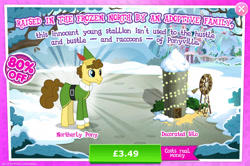 Size: 1960x1298 | Tagged: safe, imported from derpibooru, budding pine, earth pony, pony, advertisement, bush, clothes, costs real money, elf costume, english, gameloft, hat, male, my little pony: magic princess, numbers, official, sale, silo, snow, solo, solo focus, stallion, text, tree