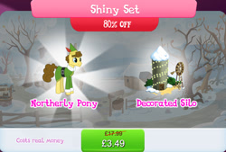 Size: 1264x854 | Tagged: safe, imported from derpibooru, budding pine, earth pony, pony, bundle, bush, clothes, costs real money, elf costume, english, gameloft, hat, male, my little pony: magic princess, numbers, official, sale, silo, snow, solo, solo focus, stallion, text, tree