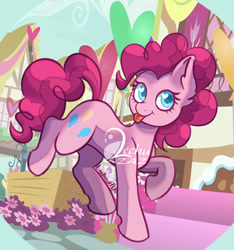 Size: 500x535 | Tagged: safe, artist:lechu-zaz, imported from derpibooru, pinkie pie, earth pony, pony, :p, female, flower, heart, heart eyes, ponyville, solo, tongue out, wingding eyes