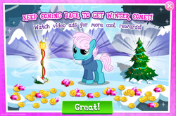 Size: 1964x1295 | Tagged: safe, idw, imported from derpibooru, winter comet, earth pony, pony, bush, christmas, christmas tree, clothes, coin, english, gameloft, gem, holiday, idw showified, mobile game, mountain, my little pony: magic princess, official, snow, streetlight, sweater, text, tree