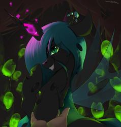 Size: 4000x4200 | Tagged: safe, artist:skitsroom, imported from derpibooru, queen chrysalis, changeling, changeling queen, human, evil grin, female, green eyes, grin, high res, hive, holding hooves, larva, smiling, solo, teeth