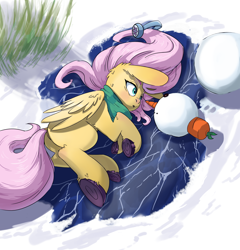 Size: 2480x2584 | Tagged: safe, artist:i love hurt, imported from derpibooru, fluttershy, pegasus, pony, alone, butt, carrot, clothes, colored hooves, earmuffs, face to face, female, fluffy, folded wings, food, g4, high res, looking at something, lying down, mare, missing cutie mark, on side, outdoors, plot, scarf, snow, snowman, solo, wings, winter, winter outfit
