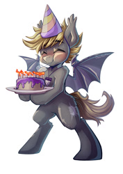 Size: 1029x1455 | Tagged: safe, artist:chaosangeldesu, imported from derpibooru, oc, oc only, oc:orion, bat pony, pony, bat pony oc, bat wings, bipedal, cake, cute, food, male, simple background, smiling, solo, stallion, white background, wings