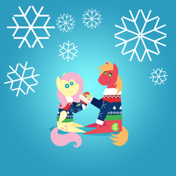 Size: 2160x2160 | Tagged: safe, anonymous artist, imported from derpibooru, big macintosh, fluttershy, oc, oc:late riser, earth pony, pegasus, pony, series:fm holidays, series:hearth's warming advent calendar 2022, advent calendar, baby, baby pony, christmas, christmas sweater, clothes, colt, family, female, fluttermac, foal, high res, holding a pony, holiday, lineless, looking at you, male, mare, offspring, parent:big macintosh, parent:fluttershy, parents:fluttermac, pointy ponies, shipping, sitting, smiling, smiling at you, snow, snowflake, stallion, straight, sweater