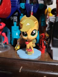 Size: 3024x4032 | Tagged: safe, imported from derpibooru, applejack, earth pony, pony, apple, blind bag, deadpool, figurine, food, irl, kwistal fwenz, lego, marvel, mighty jaxx, photo, toy