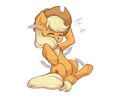 Size: 500x395 | Tagged: safe, artist:sleepysheepytea, imported from derpibooru, applejack, earth pony, pony, cute, feather, female, hoof tickling, jackabetes, mare, simple background, solo, tickling, white background