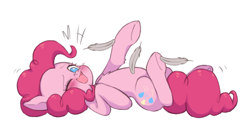 Size: 500x270 | Tagged: safe, artist:sleepysheepytea, imported from derpibooru, pinkie pie, earth pony, pony, feather, hoof tickling, simple background, solo, tickling, white background