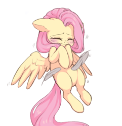 Size: 500x519 | Tagged: safe, artist:sleepysheepytea, imported from derpibooru, fluttershy, pegasus, pony, blushing, cute, eyes closed, feather, female, floppy ears, hooves to the chest, mare, shyabetes, simple background, smiling, solo, spread wings, three quarter view, tickling, white background, wings