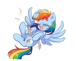 Size: 500x401 | Tagged: safe, artist:sleepysheepytea, imported from derpibooru, rainbow dash, feather, simple background, solo, tickling, white background