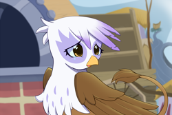 Size: 1500x1000 | Tagged: safe, artist:joyfulinsanity, imported from twibooru, gilda, griffon, beak, crying, female, folded wings, griffonstone, image, looking sideways, open beak, open mouth, oven, png, sad, solo, wings