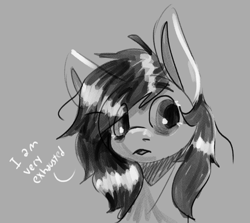 Size: 680x606 | Tagged: artist needed, safe, imported from derpibooru, oc, oc only, oc:floor bored, earth pony, pony, /mlp/, dialogue, female, gray background, grayscale, looking sideways, mare, monochrome, open mouth, simple background, solo