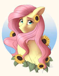 Size: 1280x1647 | Tagged: safe, artist:souladdicted, imported from derpibooru, fluttershy, pegasus, bust, flower, portrait, solo, sunflower