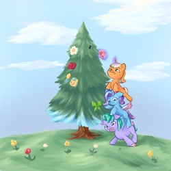 Size: 4096x4096 | Tagged: safe, artist:felldeal, imported from derpibooru, earth pony, pegasus, pony, unicorn, series:daily drawing december, absurd resolution, christmas, g5, glory (g5), glowing, glowing horn, holiday, horn, magic, peach fizz, pippsqueak trio, pippsqueaks, seashell (g5), telekinesis, tree, trio