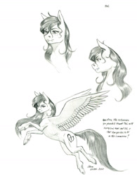 Size: 1100x1407 | Tagged: safe, artist:baron engel, imported from derpibooru, oc, oc only, oc:tail, pegasus, pony, female, flying, grayscale, mare, monochrome, pencil drawing, simple background, solo, spread wings, story in the source, traditional art, unshorn fetlocks, white background, wings