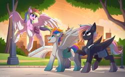 Size: 3516x2160 | Tagged: safe, artist:strafe blitz, imported from derpibooru, oc, oc only, oc:aurora codec, oc:onyx lighthoof, oc:pixel codec, pegasus, pony, bag, beautiful, bench, bridge, city, cloud, cloudy, coat markings, colored, colored wings, concave belly, cute, father and child, father and daughter, female, flying, folded wings, gradient hooves, gradient legs, high res, hoofband, lighting, looking at each other, looking at someone, male, multicolored hair, multicolored wings, nintendo switch, open mouth, pale belly, park, park bench, pegasus oc, rainbow hair, raised hoof, raised leg, saddle bag, scenery, shadow, sky, slim, socks (coat markings), spread wings, streetlight, striped tail, sunset, tail, thin, tree, trio, two toned wings, unshorn fetlocks, wall of tags, wings, wristband