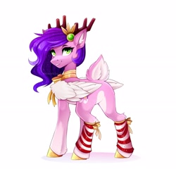 Size: 2560x2462 | Tagged: safe, artist:buvanybu, imported from derpibooru, pipp petals, deer, deer pony, original species, peryton, reindeer, adorapipp, antlers, butt, clothes, colored ear fluff, colored hooves, cute, deer tail, deerified, ear fluff, female, folded wings, g5, gold hooves, hock fluff, hooves, leg warmers, looking at you, looking back, looking back at you, mare, neck ribbon, pale belly, pipp butt, plot, simple background, smiling, smiling at you, solo, species swap, standing, striped leg warmers, tail, white background, wings