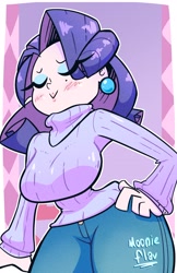 Size: 2650x4096 | Tagged: safe, artist:moonieflav, imported from derpibooru, rarity, human, big breasts, blushing, breasts, busty rarity, clothes, curvy, ear piercing, earring, eye clipping through hair, eyes closed, female, hourglass figure, huge breasts, humanized, jewelry, piercing, signature, smiling, solo, thick, traditional art, turtleneck, wasp waist, wide hips