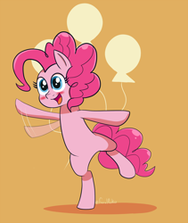 Size: 1536x1819 | Tagged: safe, artist:feralroku, imported from derpibooru, pinkie pie, earth pony, pony, bipedal, blushing, female, mare, open mouth, simple background, smiling, solo, standing, standing on one leg, waving, yellow background