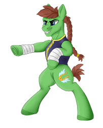 Size: 1299x1600 | Tagged: safe, artist:uberponya, imported from derpibooru, oc, oc only, oc:swift stride, earth pony, pony, derpibooru community collaboration, 2023 community collab, bipedal, boxing, braid, braided ponytail, clothes, leg wraps, male, ponytail, simple background, smiling, solo, sports, stallion, sternocleidomastoid, transparent background, vest