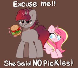 Size: 3850x3386 | Tagged: safe, artist:kittyrosie, imported from derpibooru, oc, oc only, oc:rosa flame, pony, unicorn, angry, asked for no pickles, backwards ballcap, baseball cap, burger, cap, dialogue, duo, food, hamburger, hat, levitation, magic, pickle, shy, teary eyes, telekinesis