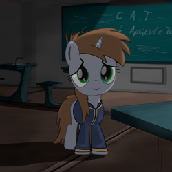 Size: 2000x2000 | Tagged: safe, artist:dddromm, imported from derpibooru, oc, oc only, oc:littlepip, pony, unicorn, fallout equestria, chalkboard, clothes, cute, fanfic art, female, filly, filly littlepip, foal, high res, jumpsuit, solo, stable 2, table, vault suit