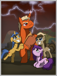 Size: 1500x2000 | Tagged: safe, artist:dddromm, imported from derpibooru, earth pony, pony, unicorn, fallout equestria, fanfic art, female, floppy ears, lightning, male, mare, poster, propaganda poster, raised hoof, stable 24, stallion
