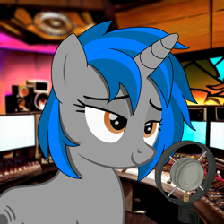 Size: 2000x2000 | Tagged: safe, artist:dddromm, imported from derpibooru, oc, oc only, oc:homage, pony, unicorn, fallout equestria, bedroom eyes, female, high res, irl, mare, microphone, photo, ponies in real life, real life background, smiling, solo