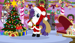 Size: 1024x585 | Tagged: artist needed, safe, imported from derpibooru, rarity, pony, unicorn, bell, belt, bipedal, boots, bow, candy, candy cane, carousel boutique, chimney, christmas, christmas decoration, christmas lights, christmas ornament, christmas star, christmas stocking, christmas tree, christmas wreath, clothes, costume, couch, decoration, fainting couch, fake beard, female, fireplace, food, garland, gingerbread house, hat, holiday, holly, indoors, lights, looking at you, mare, present, sack, santa beard, santa claus, santa costume, santa hat, santa sack, shoes, snow, snowfall, snowpony, solo, standing, table, tree, window, wreath