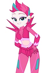 Size: 688x1036 | Tagged: safe, artist:robertsonskywa1, imported from derpibooru, zipp storm, human, equestria girls, arcee, female, g5, hand on hip, liza koshy, midriff, my little pony: a new generation, simple background, slim, solo, thin, transformers, transformers rise of the beasts, voice actor joke, white background