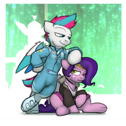 Size: 1979x1979 | Tagged: safe, artist:captainhoers, imported from derpibooru, pipp petals, zipp storm, cyborg, cyborg pony, pegasus, pony, the sunjackers, abstract background, adorapipp, bipedal, bipedal leaning, boots, clothes, cute, duo, female, firesuit, floppy ears, g5, hoof on head, jumpsuit, leaning, mare, nose wrinkle, one eye closed, royal sisters (g5), shoes, siblings, sisters, sitting, smiling