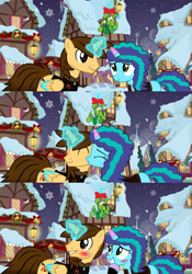 Size: 3300x4707 | Tagged: safe, artist:ejlightning007arts, imported from derpibooru, oc, oc:ej, alicorn, pony, unicorn, spoiler:g5, spoiler:winter wishday, blushing, canon x oc, cheek kiss, christmas, clothes, cute, duo, ejbetes, ejmisty, eyes closed, g4, g5, g5 to g4, generation leap, holiday, jacket, kiss mark, kissing, lipstick, magic, mistletoe, misty brightdawn, mistybetes, my little pony: make your mark, my little pony: make your mark chapter 2, my little pony: make your mark chapter 3, ponyville, shipping, smiling, telekinesis, winter, winter wishday