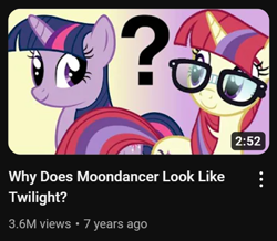 Size: 534x466 | Tagged: safe, artist:sawtooth waves, edit, edited screencap, imported from derpibooru, screencap, moondancer, twilight sparkle, pony, unicorn, amending fences, alternate hairstyle, duo, episode followup, glasses, question mark, reference, similarities, thumbnail, unicorn twilight, video at source, youtube, youtube link, youtube thumbnail