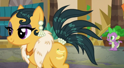 Size: 736x404 | Tagged: safe, imported from derpibooru, screencap, cleopatra jazz, discord, spike, dragon, earth pony, pony, dungeons and discords, butt, cropped, duo, eyes on the prize, feather boa, female, mare, offscreen character