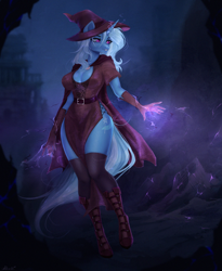 Size: 1800x2200 | Tagged: safe, artist:alicesmitt31, imported from derpibooru, trixie, anthro, unguligrade anthro, unicorn, absolute cleavage, boots, breasts, busty trixie, cleavage, clothes, female, gloves, hat, horn, long gloves, magic, night, sexy, shoes, socks, solo, stupid sexy trixie, thigh highs, thighs, wizard hat