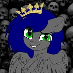 Size: 1280x1280 | Tagged: safe, artist:radioaxi, edit, editor:solar eclipse, imported from derpibooru, oc, oc:mb midnight breeze, pegasus, pony, blue mane, crown, folded wings, gray coat, green eyes, jewelry, looking at you, pegasus oc, regalia, royalty, skull, smiling, smiling at you, solo, teeth, wings