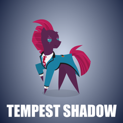 Size: 1280x1280 | Tagged: safe, artist:aha-mccoy, imported from derpibooru, tempest shadow, pony, unicorn, broken horn, clothes, eye scar, facial scar, female, horn, mare, necktie, pointy ponies, scar, solo, suit, turned head