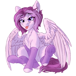 Size: 1400x1400 | Tagged: safe, artist:uberponya, imported from derpibooru, oc, oc only, oc:morny sparklet, pegasus, pony, derpibooru community collaboration, 2023 community collab, :p, chest fluff, clothes, neck fluff, simple background, sitting, smiling, socks, solo, sternocleidomastoid, tongue out, transparent background, underhoof, wings