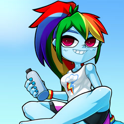 Size: 1720x1720 | Tagged: safe, artist:kyouman1010, imported from derpibooru, rainbow dash, human, equestria girls, bare shoulders, blue background, bottle, clothes, compression shorts, cutie mark on clothes, female, gradient background, happy, multicolored hair, pink eyes, rainbow hair, shorts, shorts under skirt, simple background, sitting, skirt, sleeveless, smiling, solo, tanktop, teenager, tomboy