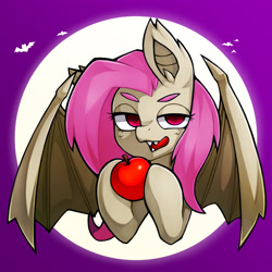 Size: 1543x1543 | Tagged: safe, artist:kyouman1010, imported from derpibooru, fluttershy, bat, bat pony, apple, bat ponified, bat wings, female, flutterbat, food, looking at you, mare, moon, open mouth, race swap, solo, wings