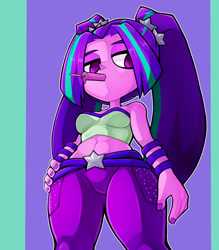Size: 1350x1543 | Tagged: safe, artist:kyouman1010, imported from derpibooru, aria blaze, human, equestria girls, abs, bare shoulders, belly button, female, food, hand on hip, ice cream, looking at you, midriff, sleeveless, solo, strapless