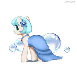 Size: 1744x1516 | Tagged: safe, artist:vinilyart, imported from derpibooru, coco pommel, earth pony, pony, blue dress, bubble, choker, clothes, cocobetes, cute, dress, eye clipping through hair, female, flower, flower in hair, looking back, mare, simple background, smiling, solo, white background