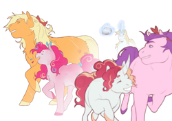 Size: 2480x1748 | Tagged: safe, artist:celeriven, imported from derpibooru, applejack, pinkie pie, prince blueblood, oc, oc:bright pink, oc:candy cane, pony, unicorn, magic, offspring, parent:pinkie pie, parent:prince blueblood, parents:bluepie, simple background, white background