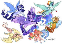 Size: 1057x756 | Tagged: safe, artist:cactiflowers, artist:cigarscigarettes, imported from derpibooru, applejack, fluttershy, pinkie pie, rainbow dash, rarity, twilight sparkle, alicorn, earth pony, pegasus, pony, unicorn, alternate design, artificial wings, augmented, balloon, braid, chest fluff, cloven hooves, coat markings, colored hooves, cowboy hat, eyes closed, female, flying, glimmer wings, hat, jewelry, looking back, magic, magic wings, mane six, mare, missing cutie mark, neckerchief, older, older applejack, older fluttershy, older mane six, older pinkie pie, older rainbow dash, older rarity, older twilight, regalia, rubber duck, simple background, smiling, socks (coat markings), streamers, twilight sparkle (alicorn), white background, wings