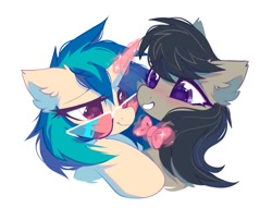 Size: 1338x1020 | Tagged: safe, artist:mirtash, imported from derpibooru, dj pon-3, octavia melody, vinyl scratch, earth pony, pony, unicorn, blushing, bowtie, ear fluff, female, lesbian, looking at each other, looking at someone, magic, mare, scratchtavia, shipping, simple background, smiling, sunglasses, white background