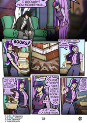 Size: 1000x1415 | Tagged: safe, artist:deroach, imported from derpibooru, starlight glimmer, twilight sparkle, oc, oc:daylight, alicorn, human, comic:tales from equestria part 1, book, bottle, clothes, comic, cutie mark on clothes, equestria project humanized, fanfic, humanized, school of friendship, tinyface, twilight sparkle (alicorn), winged humanization, wings