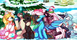 Size: 4565x2376 | Tagged: safe, artist:2pandita, imported from derpibooru, oc, oc only, changeling, earth pony, pegasus, pony, unicorn, changeling oc, christmas, green changeling, halo, hat, holiday, santa hat, snow, snowfall, tree